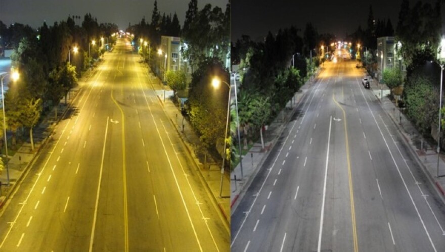 Hoover St in LA. On the left is the street lit by high pressure sodium bulbs. On the right is the same street with newly install LED lights.