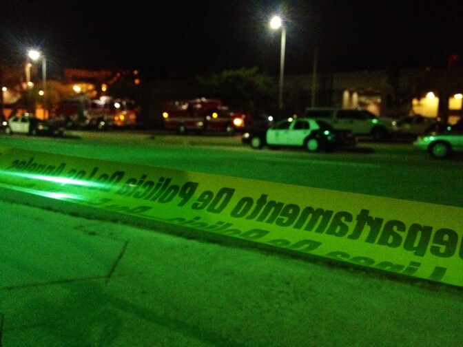 Outside the Wilshire station where an LAPD officer was shot Monday, April 7, 2014.