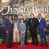 HOLLYWOOD, CALIFORNIA - APRIL 04:  (L-R) Actors Giancarlo Esposito, Lupita Nyong'o, Neel Sethi, Ben Kingsley, director/producer Jon Favreau and actor Ritesh Rajan attend The World Premiere of Disney's "THE JUNGLE BOOK" at the El Capitan Theatre on April 4, 2016 in Hollywood, California.  (Photo by Jesse Grant/Getty Images for Disney)