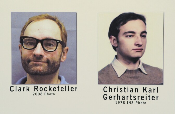 Photographs of Christian Karl Gerhartsreiter, also known as Clark Rockefeller, are seen on display during a news conference, Friday, Aug. 15, 2008 at a Federal Bureau of Investigation office in Boston. The FBI said Friday that it pulled fingerprints off decades-old immigration papers to identify the kidnapping suspect who calls himself Clark Rockefeller as a German man who came to the U.S. as a youth and later adopted several aliases. 