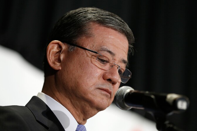 U.S. Secretary of Veterans Affairs Eric Shinseki addresses the National Coalition for Homeless Veterans May 30, 2014 in Washington, DC. Shinseki is under bipartisan pressure to resign in the wake of an unfolding scandal following a report by the inspector general's office. 