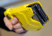 File: Taser International's X2 two-shot Taser for law enforcement is displayed at the National Shooting Sports Foundation's 34th annual Shooting, Hunting, Outdoor Trade Show at the Sands Expo and Convention Center in January 2012 in Las Vegas, Nevada.