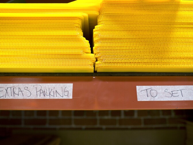 Blank yellow directional signs are stored at JCL Traffic. Productions usually make orders of 20 to 30 signs at a time.