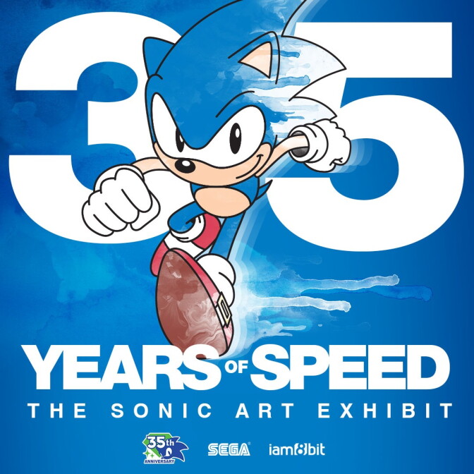Sonic the Hedgehog runs forward between a large '35,' promoting 'Years of Speed: The Sonic Art Exhibit' with SEGA and iam8bit logos.