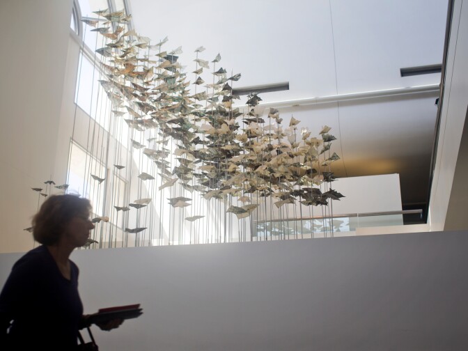 Joyce Dallal's Elevate installation is on display inside the departures atrium at terminal 3 in Los Angeles International Aiport.