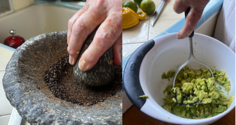 It's a split-image collage of a pair of white hands: on the left, they're using a stone utensil to grind spices, and on the right, the light-skinned hands are mashing green avocados in a white plastic bowl next to a tiled floor.