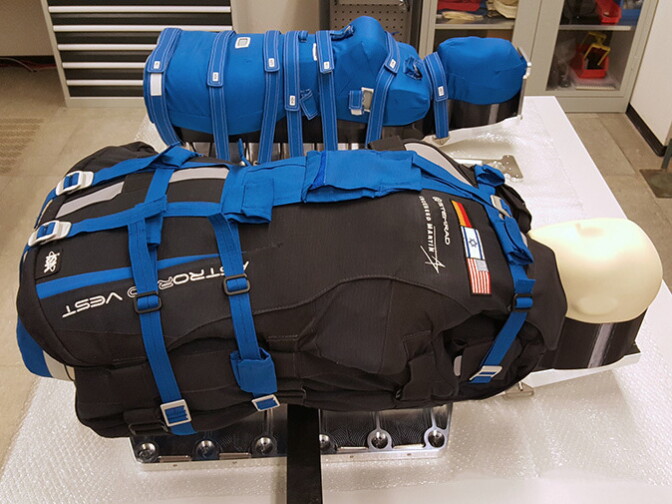 Two torso mannequins -- one black the other blue. 