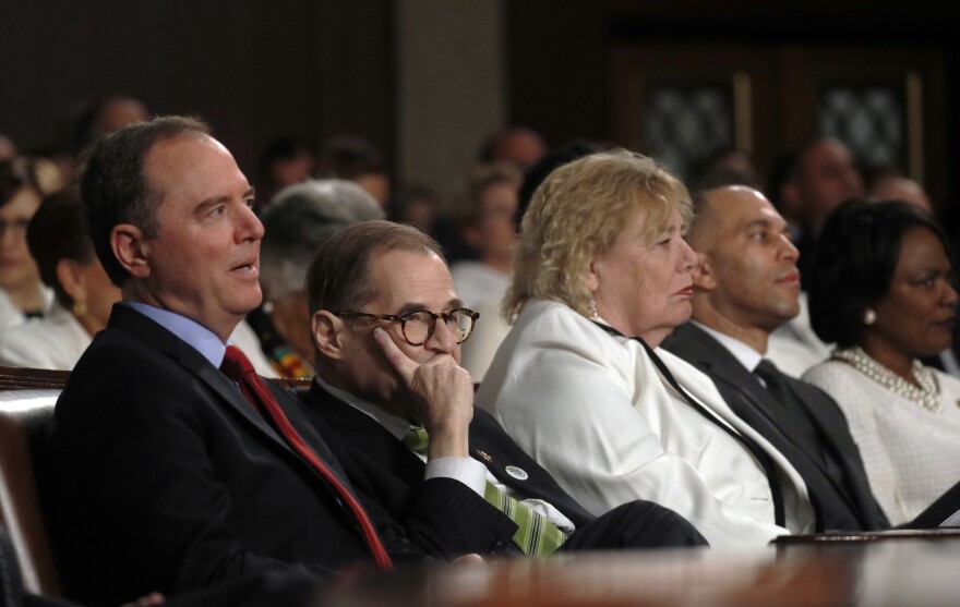 WASHINGTON, DC - FEBRUARY 04:  U.S. House impeachment managers Adam Schiff (D-CA) and Jerry Nadler (D-NY) listen to President Donald Trump deliver the State of the Union address in the House chamber on February 4, 2020 in Washington, DC. Trump is delivering his third State of the Union address on the night before the U.S. Senate is set to vote in his impeachment trial. (Photo by Leah Millis-Pool/Getty Images)
