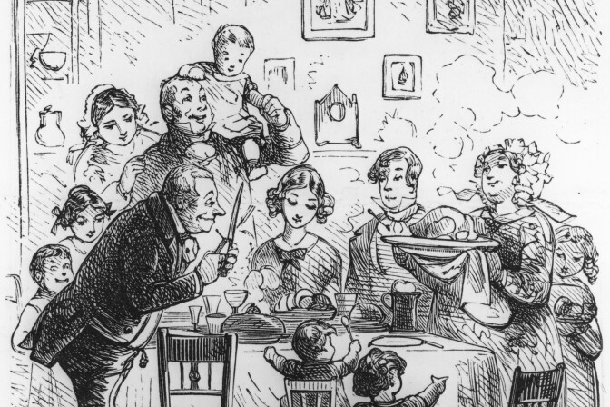 A black and white sketch of a family sitting around a dining table.