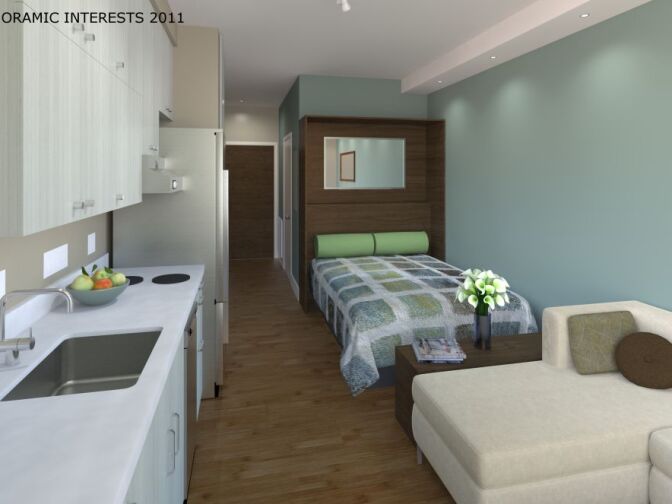 Rendering of the Smartspace Soma interior of queen room with bed shown.