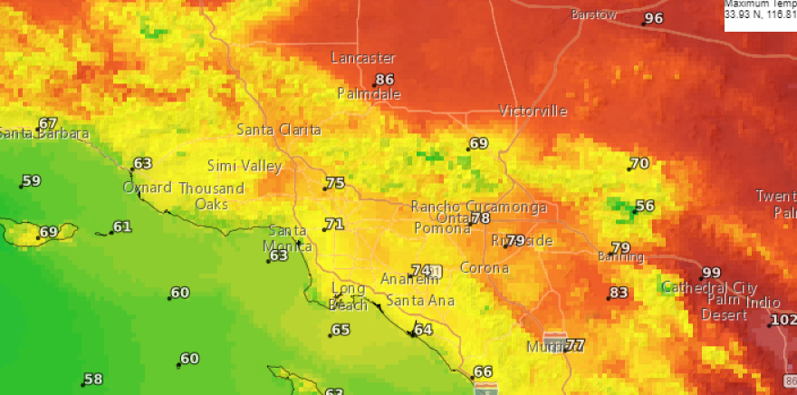A geothermal map of SoCal in shades of orange, yellow and green with white numbers over different cities.