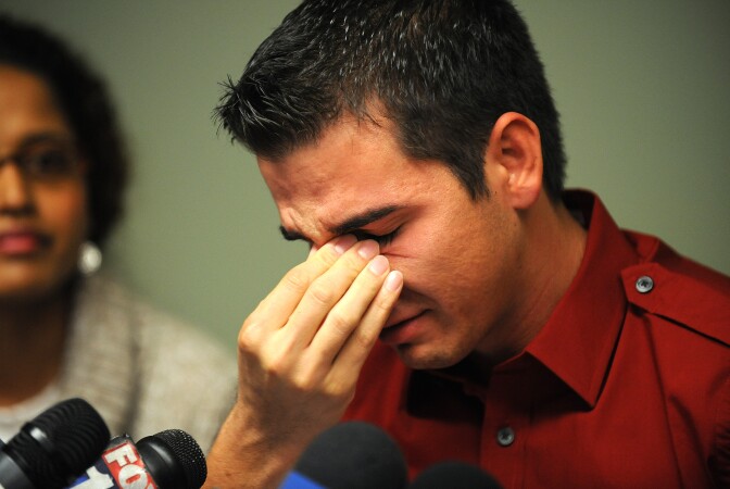 Derrick Burts, 24, the actor whose HIV positive test sparked a temporary shutdown of the US porn filmmaking industry called for mandatory condom use on set during news conference in 2010. Los Angeles County voters approved an ordinance in 2012 requiring porn actors to use condoms on set. In the months since, permit applications for adult films have plummeted. (GABRIEL BOUYS/AFP/Getty Images)