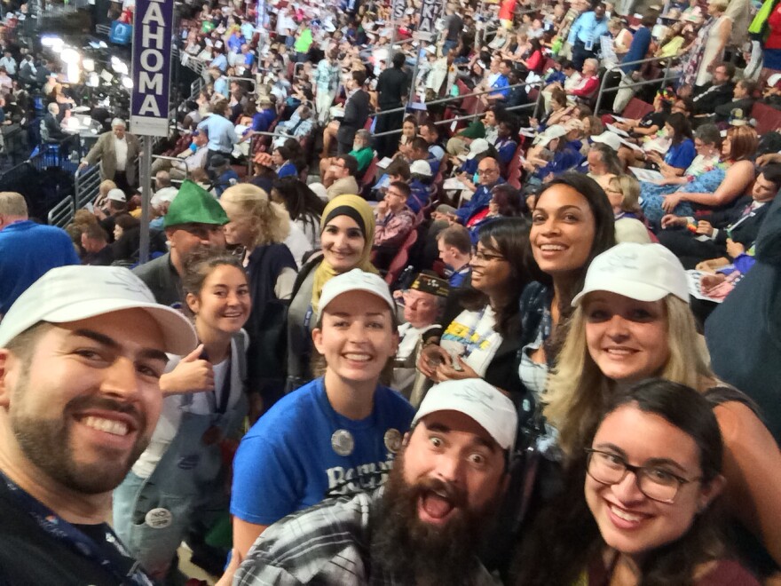 Alex Calleros (L), a delegate from California's 28th District, poses for a selfie with fellow Bernie Sanders supporters.