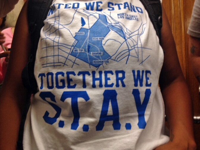 A T-shirt worn by someone at a hearing on an Echo Park gang injunction on Wednesday, Aug. 21, 2013.