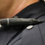WEST VALLEY CITY, UT - MARCH 2: A West Valley City police officer shows off a newly-deployed body camera attached to his shirt collar on March 2, 2015 in West Valley City, Utah. West Valley City Police Department has issued 190 Taser Axon Flex body cameras for all it's sworn officers to wear starting today.  (Photo by George Frey/Getty Images)