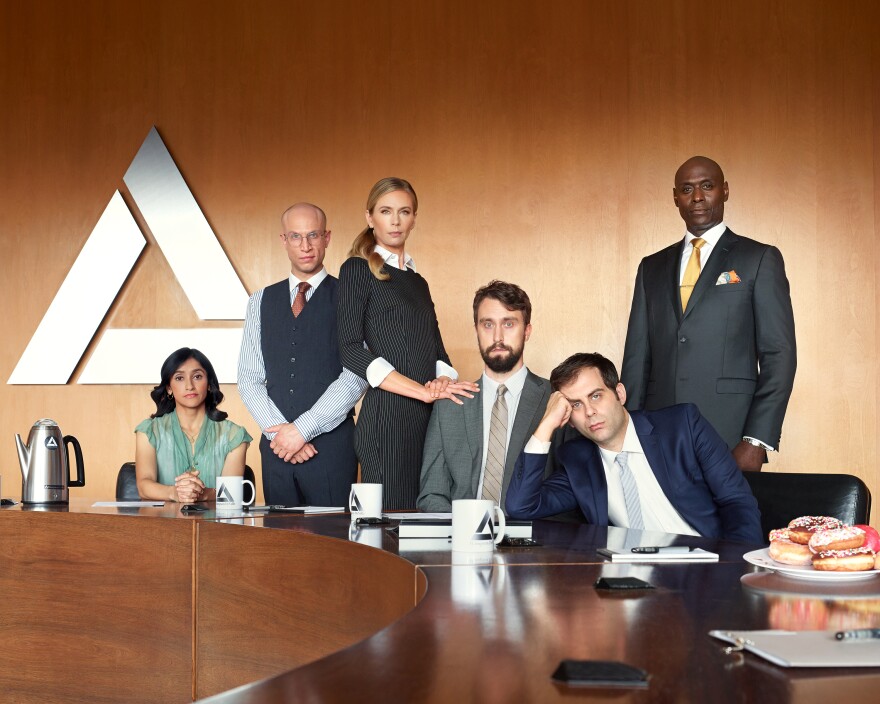 "Corporate" stars (L-R) Aparna Nancherla, Adam Lustick, Anne Dudek, Matt Ingebretson, Jake Weisman, and Lance Reddick.