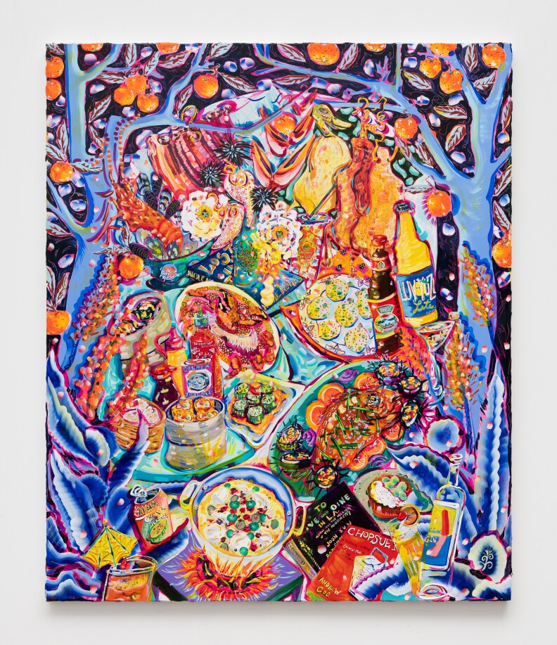 A vibrant painting with blue and orange tones depicting hot pot, sodas and books.