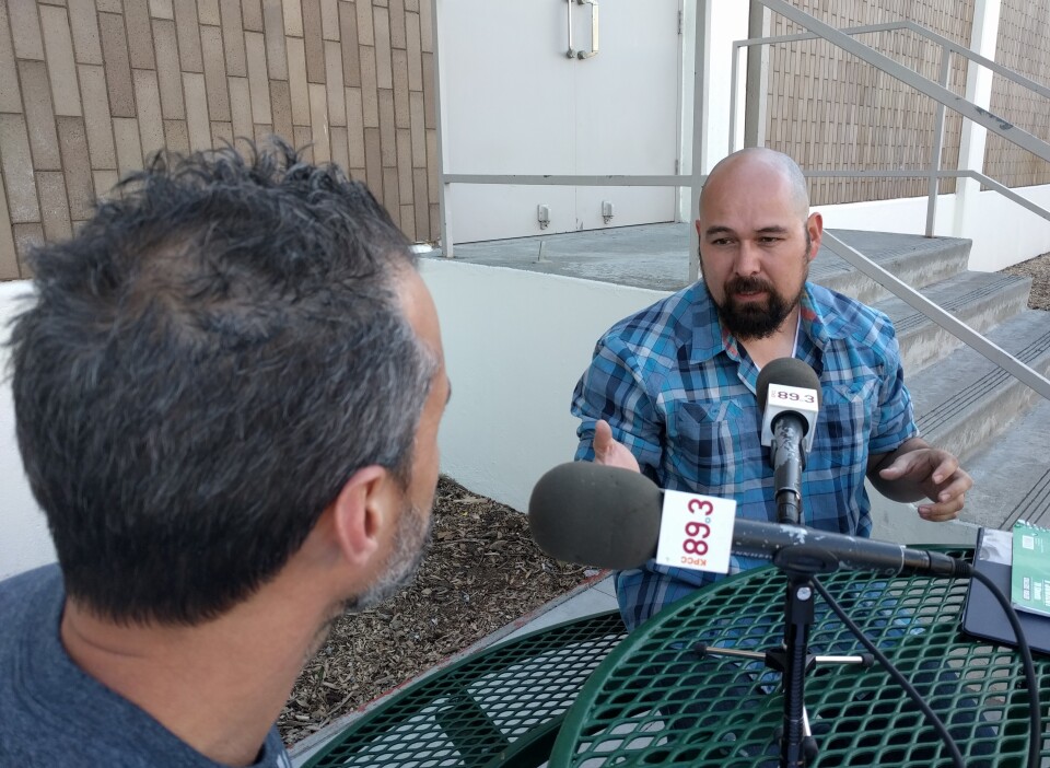 KPCC listener Everardo Landero (R) talks with host A Martinez. Landero hopes to get his U.S. citizenship by the end of 2017.