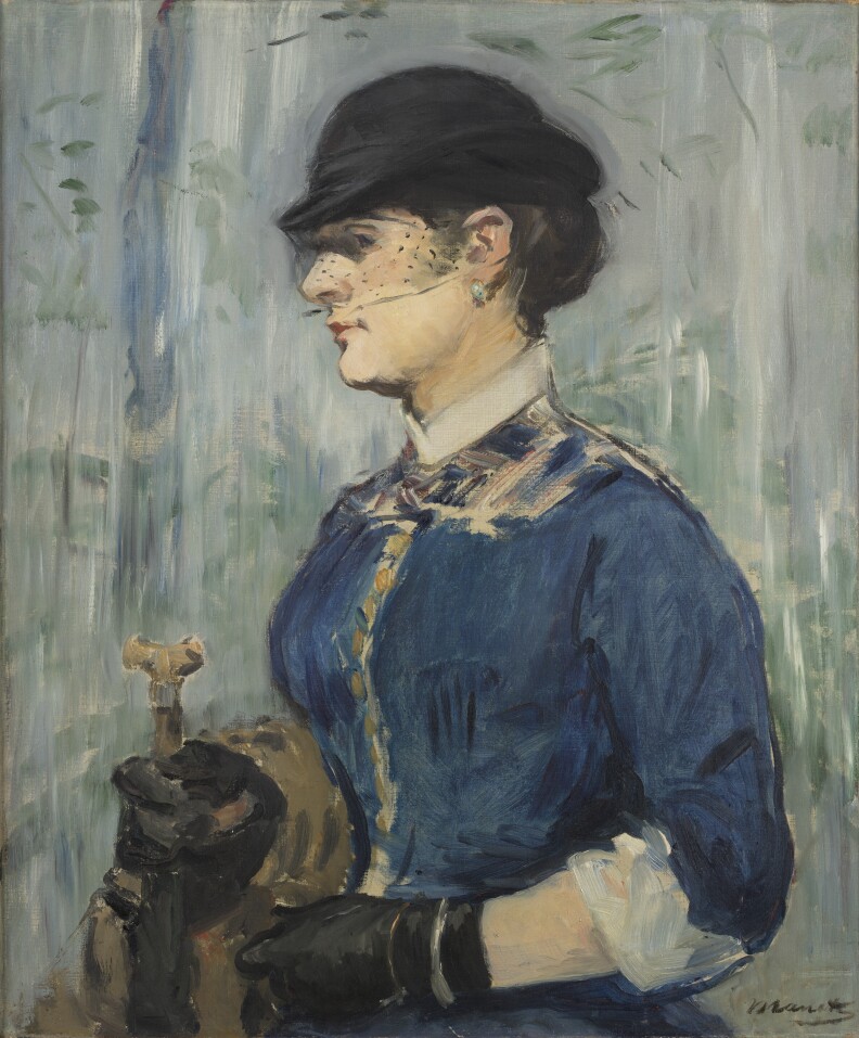 A portrait by Édouard Manet of a woman in a blue dress and black hat and visor, facing to the left while looking out of the corner of her eye at the viewer's perspective.