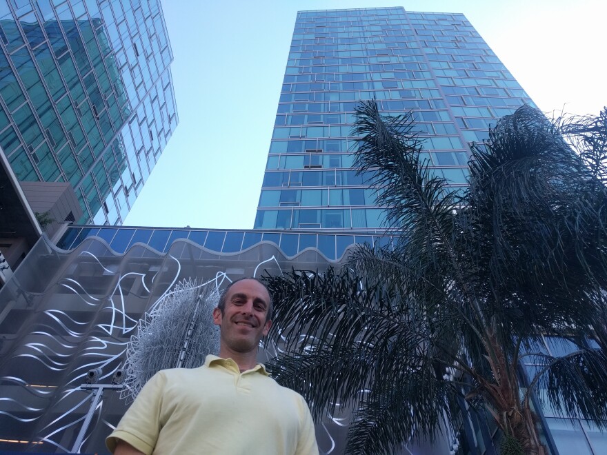 Developer Mott Smith stands in front of one of the towers to The Vermont, an all-luxury building in Koreatown. "It’s easy to point to luxury units and say they’re the cause of [unaffordability.]"