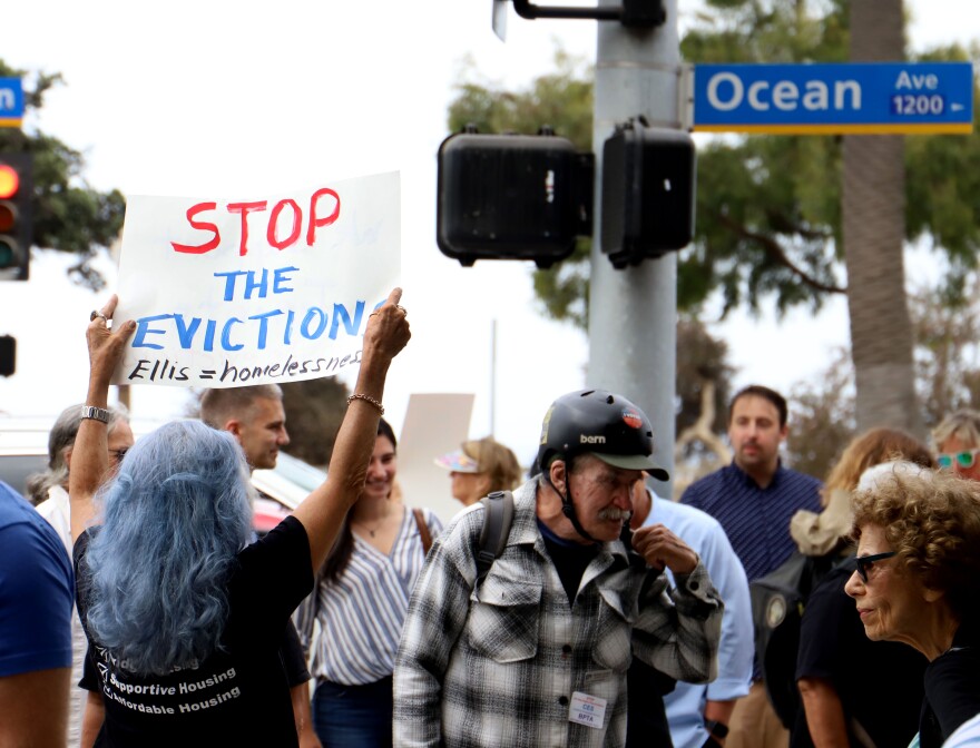 A group of protestors stand in a Santa Monica sidewalk. A woman with blue hair and a black shirt holds a sign saying "Stop the evictions. Ellis equals homelessness."