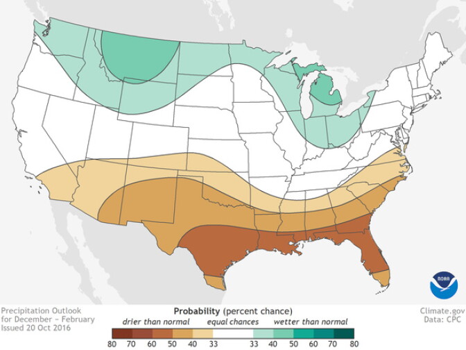 The 2016 winter precipitation prediction from the National Oceanic and Atmospheric Administration.