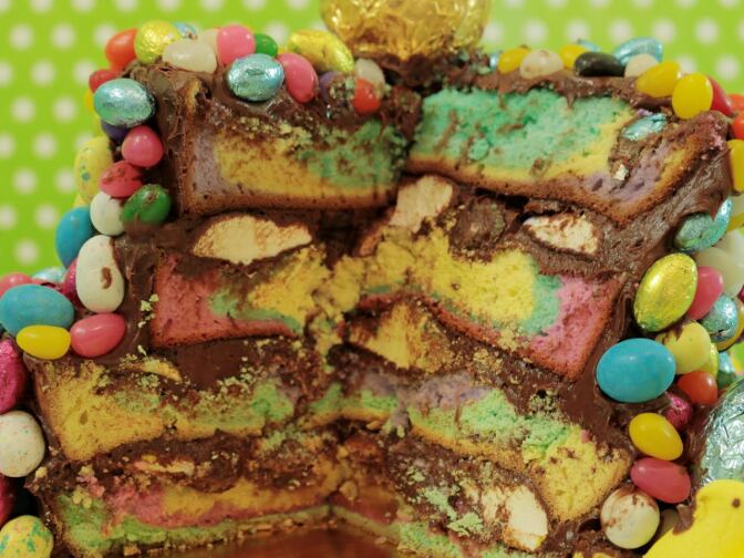 Charles Phoenix's Tequila-Soaked Peep-Stuffed Broken Bunny Cake, just in time for Easter.