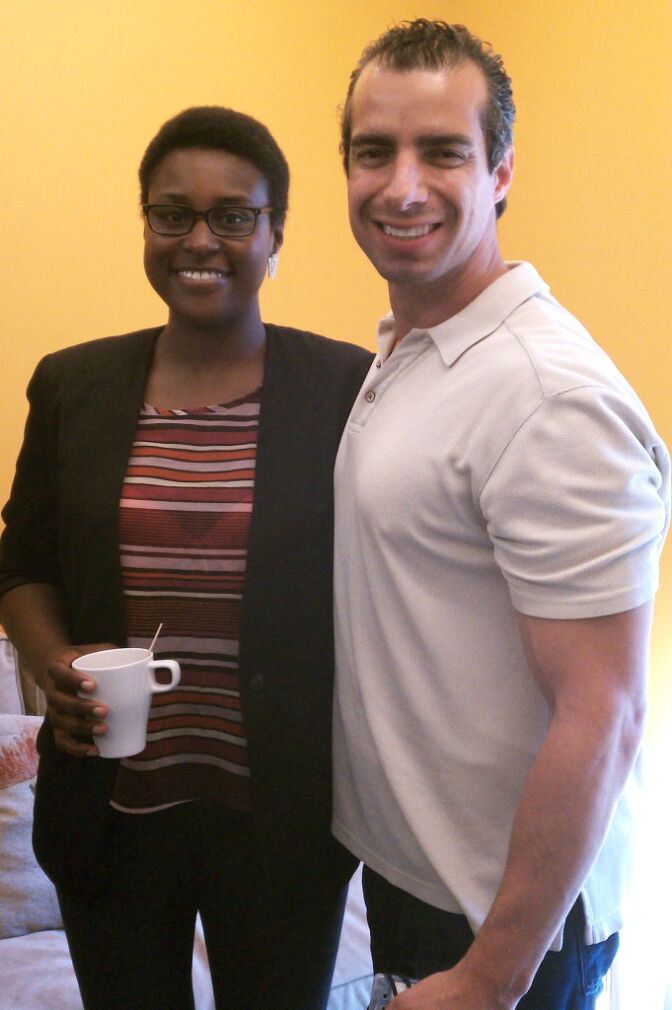 Issa Rae, creator of "The Misadventures of Awkward Black Girl," and A Martinez pose together after an interview.