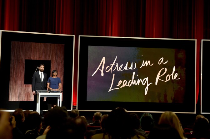 Actor John Krasinski and President of the Academy of Motion Picture Arts and Sciences Cheryl Boone Isaacs announce the nominees for Best Actress in a Leading Role during the 88th Oscars Nominations Announcement.