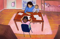 An illustration of a woman with medium-light skin tone sits at a table holding a medium skin tone baby in a purple onesie. Across the table, a young girl with brown curly hair in a ponytail draws art on pieces of paper. In the background is a bunk bed with stuffed animals on the bottom bunk. 