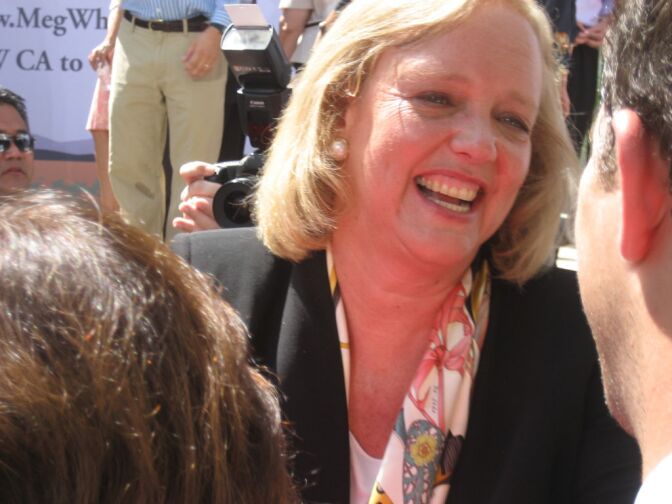 Former eBay CEO Meg Whitman greets supporters after she announces she's running for governor as a Republican.
