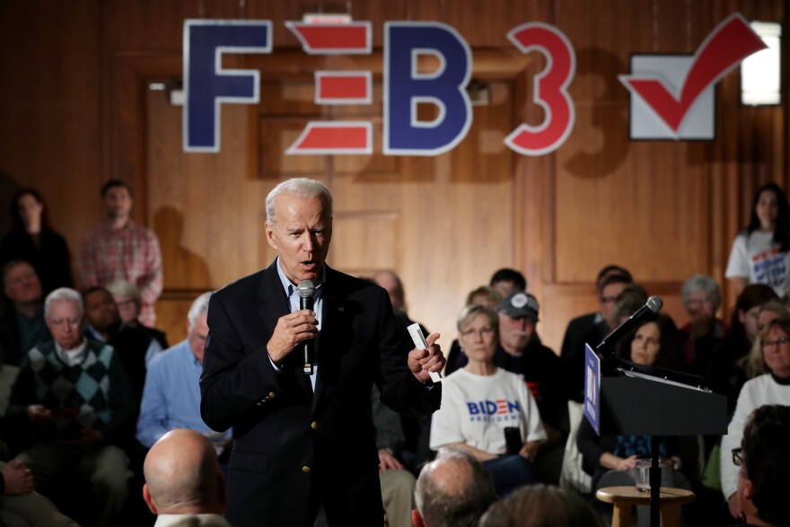 IOWA CITY, IOWA - JANUARY 27: Democratic presidential candidate former Vice President Joe Biden speaks during a campaign town hall event at the Iowa Memorial Union Ballroom at the University of Iowa January 27, 2020 in Iowa City, Iowa. In a what appears to be a neck-and-neck race, Biden is ahead of rival candidate Sen. Bernie Sanders (I-VT) by 6 points in a USA Today/Suffolk University poll but is running behind Sanders by 8 points according to a New York Times/Siena College poll, both polls of likely Iowa caucus-goers conducted at about the same time. (Photo by Chip Somodevilla/Getty Images)
