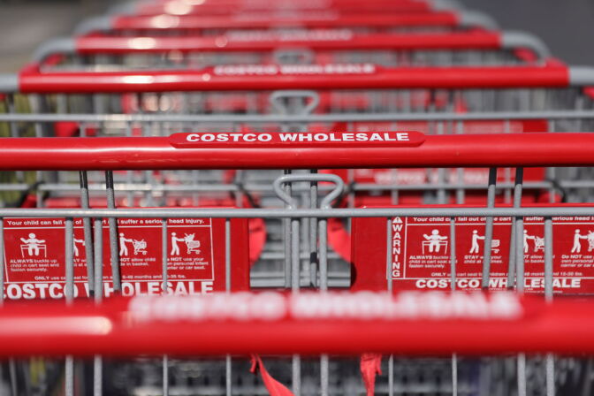 INGLEWOOD, CALIFORNIA - FEBRUARY 25: Shopping carts are lined up in front of a Costco store on February 25, 2021 in Inglewood, California. Costco announced plans to increase its minimum wage to $16 per hour next week.  (Photo by Mario Tama/Getty Images)