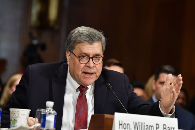 US Attorney General William Barr testifies before the Senate Judiciary Committee on "The Justice Department's Investigation of Russian Interference with the 2016 Presidential Election" on Capitol Hill in Washington, DC, on May 1,2019. (Photo by Nicholas Kamm / AFP)        (Photo credit should read NICHOLAS KAMM/AFP/Getty Images)