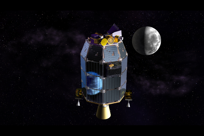 This is an artist's depiction of NASA's Lunar Atmosphere and Dust Environment Explorer (LADEE) observatory in space with the moon in the distance.