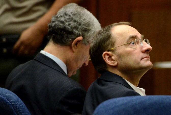 Defendant Christian Gerhartsreiter (right) from Germany sits during jury selection for his murder trial at Los Angeles Superior Court on March 15, 2013, in Los Angeles. Gerhartsreiter, the alleged Rockefeller impostor, is accused of killing his landllord, John Sohus, in February 1985. 