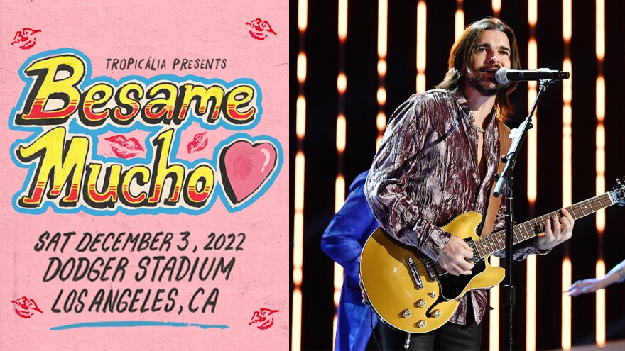 Two photos next to each other. On the left is the poster for the Bésame Mucho concert, including logo and event information over a pink background with hearts and kisses. The text says, "Sat December 2, 2022. Dodger Stadium. Los Angeles, CA." On the right is a photo of the musician Juanes standing at a microphone holding a guitar while singing.