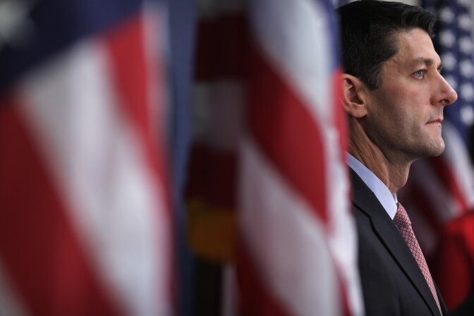 WASHINGTON, DC - NOVEMBER 16:  Speaker of the House Paul Ryan (R-WI) holds a news briefing following the weekly Republican Conference meeting at the U.S. Capitol November 16, 2015 in Washington, DC. "This is a time to be safe not sorry," said Ryan when talking about crafting provisions to increase vetting and restrict the number of Syrian refugees allowed to enter the United States. He also said the Autorization of Military Use bill he will soon sign will require President Barack Obama to come up with a comprehensive plant to defeat the Islamic State, or ISIS.  (Photo by Chip Somodevilla/Getty Images)