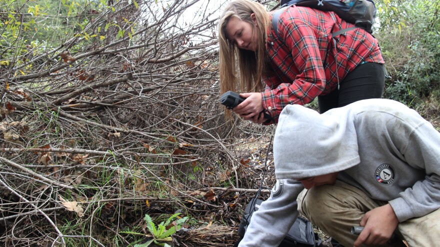 Kyle Troy and an AmeriCorps volunteer check the oxygen level of a creek in the Santa Monica Mountains. They're checking the water's viability for invasive crayfish. 