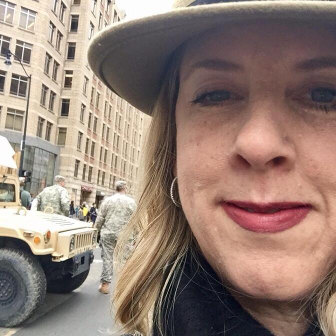 JANUARY 20, 2017 - KPCC listener Clare Sebenius on 18th street in D.C., heading to the Women's March pop-up show. 