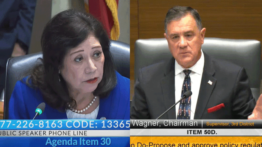 A diptych of two screenshots. On the left is Supervisor Hilda Solis, who's a Latina woman, at the meeting. She's wearing a blue jacket while sitting in a chair to speak at the mic. Behind her is a rainbow flag on a small stand. On the right is Supervisor Donald Wagner, who's a man with light skin tone wearing a black suit jacket. He's in mid-speech talking into the mic with his hand raised.