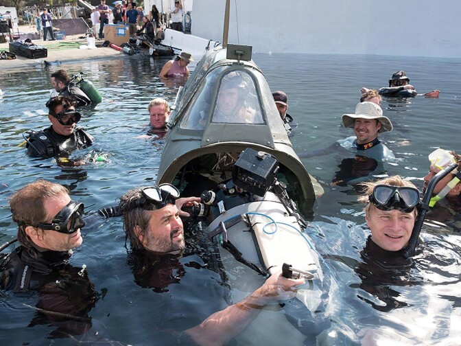 "Dunkirk" director Christopher Nolan and crew on set.