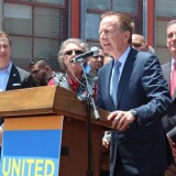 Los Angeles Unified School District Superintendent Austin Beutner (center) delivers remarks at a press conference on June 5, 2019