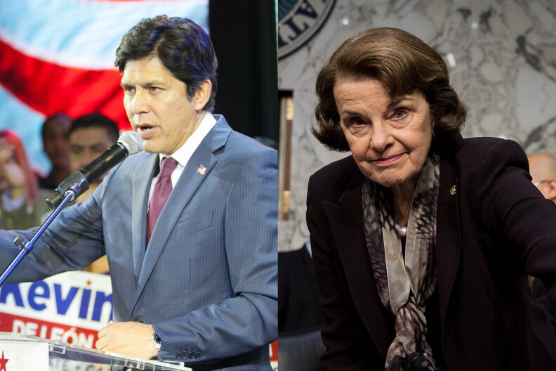 Senate candidates Kevin de Léon and Dianne Feinstein.
