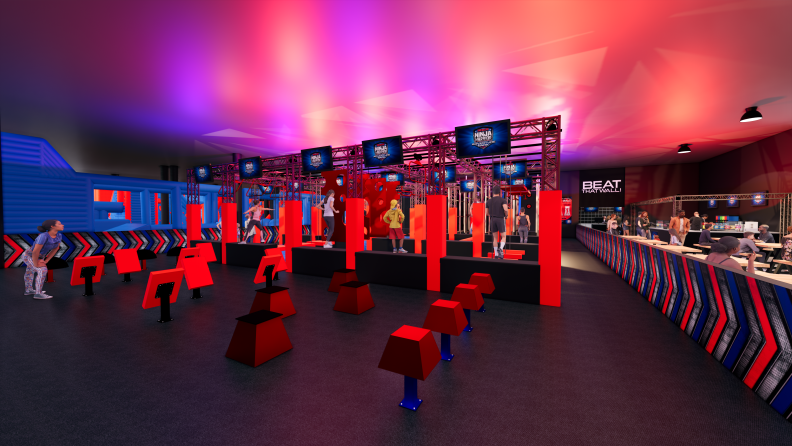 A rendering of the American Ninja Warrior Adventure Park in Santa Ana, showing aluminum truss obstacles, a blue inflatable arena, an observation space with food options, and more.