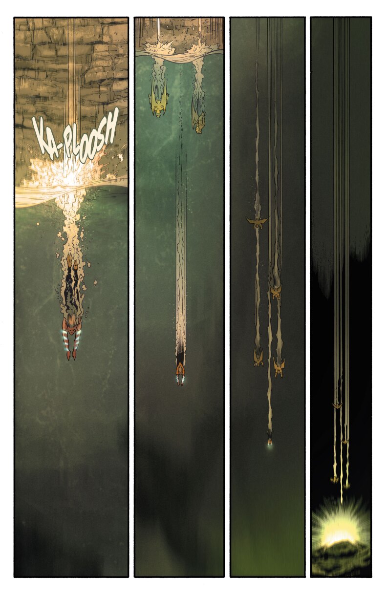 There are 4 vertical comic book panels. Panel 1: Jackson dives into the water, with the sound effect KA-PLOOSH above him. Panel 2: Jackson dives deeper, followed by 2 Parademons. Panel 3: Jackson continues getting smaller as we see he is even deeper, with more parademons behind him. Panel 4: Jackson is VERY far down and very tiny, with Parademons behind him as he dives into the blackness, a bright light at the bottom.