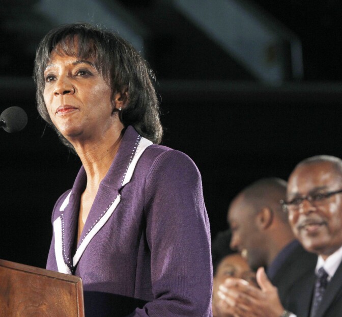 Jackie Lacey addresses the audience after she is sworn-in as Los Angeles's new district attorney Monday, Dec. 3, 2012. She becomes the first new top prosecutor in a dozen years and the first woman and first African-American to hold the post since it was created in 1850. (AP Photo/Nick Ut)