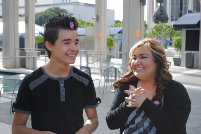 Perris High School students Monique Anzures and Johnny Carrillo at the Mark Taper forum before the show begins.