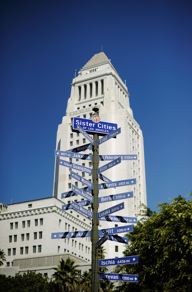 LOS ANGELES, CA - OCTOBER 01:  Signs showing "Sister Cities" stand in front of Los Angeles City Hall after a protest march during the "Occupy Los Angeles"demonstration in solidarity with the ongoing "Occupy Wall Street" protest in New York City on October 1, 2011 in Los Angeles, California. The protesters slogan, "We are the 99 percent," calls attention to the fact that marchers are not part of the one percent of Americans who hold a vast portion of the nation's wealth.  (Photo by Kevork Djansezian/Getty Images)