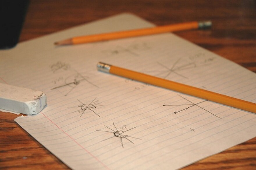 A pencil lies on a sheet of ruled notebook paper. The paper has math problems on it.